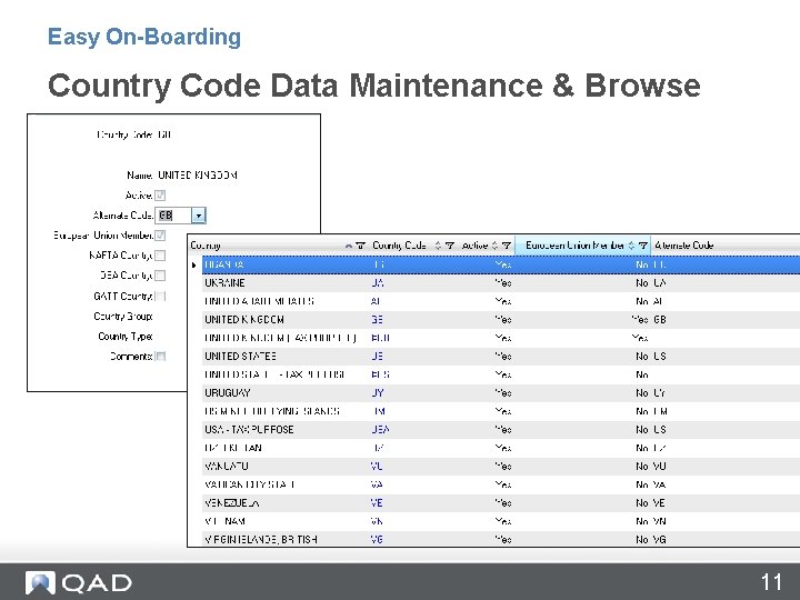 Easy On-Boarding Country Code Data Maintenance & Browse 11 