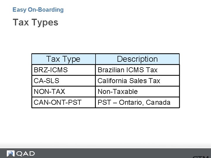 Easy On-Boarding Tax Types Tax Type Description BRZ-ICMS Brazilian ICMS Tax CA-SLS California Sales