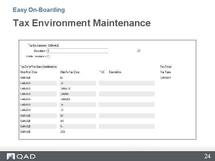 Easy On-Boarding Tax Environment Maintenance 24 