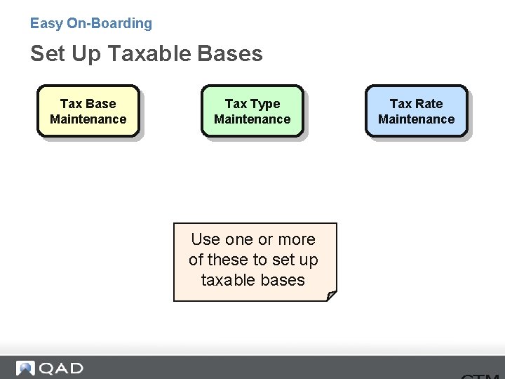 Easy On-Boarding Set Up Taxable Bases Tax Base Maintenance Tax Type Maintenance Use one