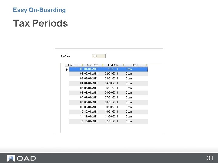 Easy On-Boarding Tax Periods 31 