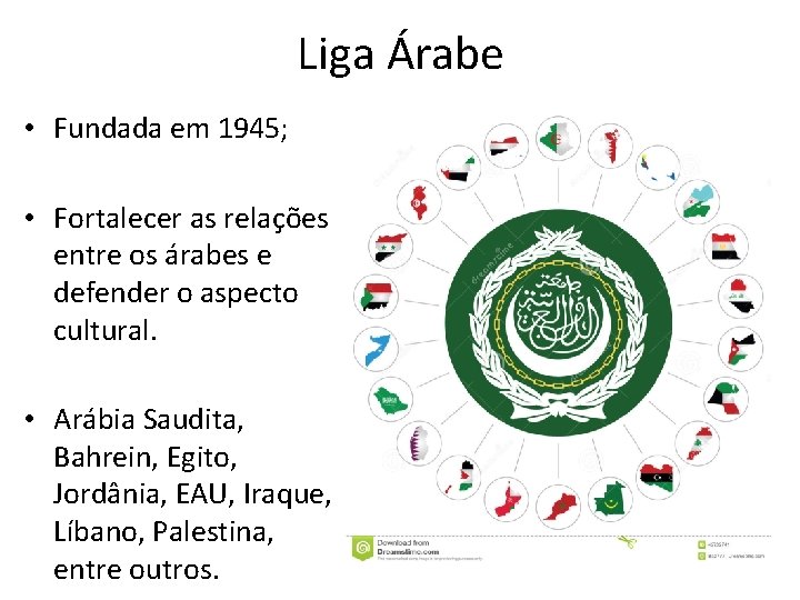 Liga Árabe • Fundada em 1945; • Fortalecer as relações entre os árabes e