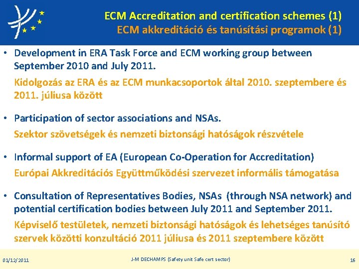 ECM Accreditation and certification schemes (1) ECM akkreditáció és tanúsítási programok (1) • Development