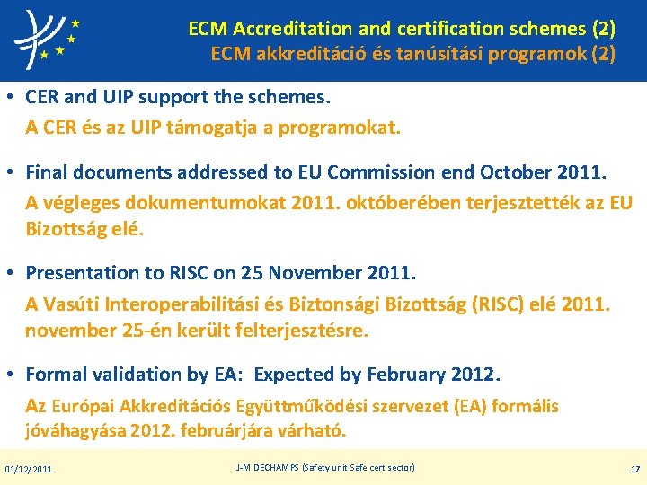 ECM Accreditation and certification schemes (2) ECM akkreditáció és tanúsítási programok (2) • CER