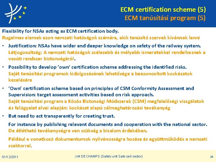 ECM certification scheme (5) ECM tanúsítási program (5) Flexibility for NSAs acting as ECM