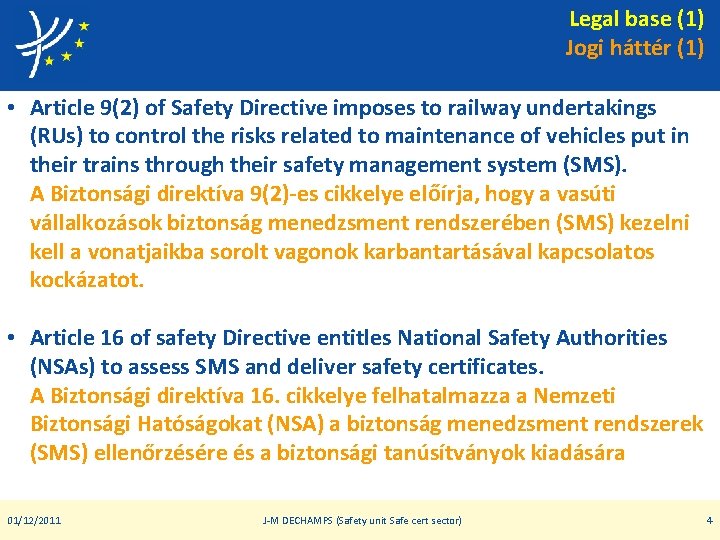 Legal base (1) Jogi háttér (1) • Article 9(2) of Safety Directive imposes to