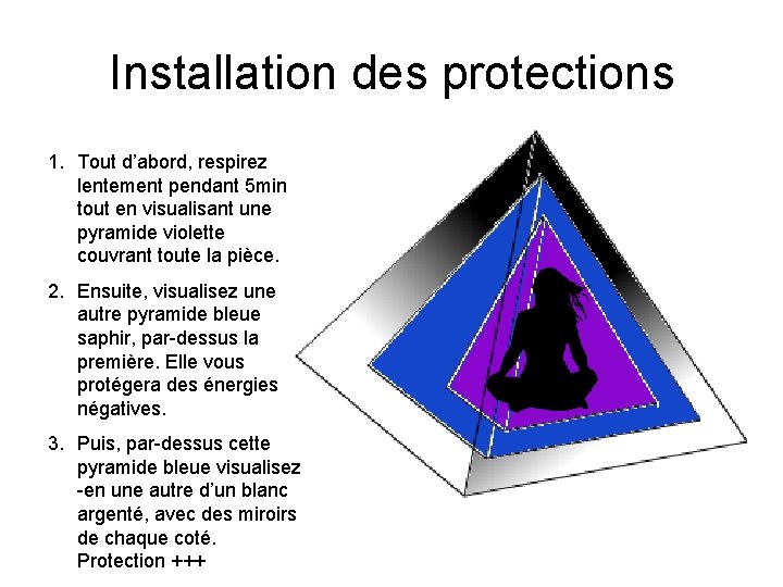 Installation des protections 1. Tout d’abord, respirez lentement pendant 5 min tout en visualisant