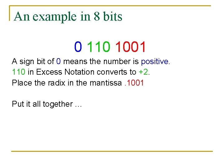 An example in 8 bits 0 110 1001 A sign bit of 0 means