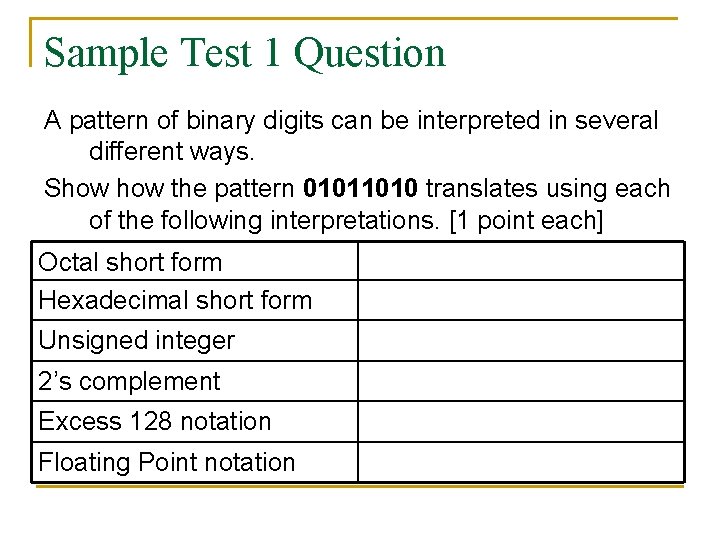 Sample Test 1 Question A pattern of binary digits can be interpreted in several