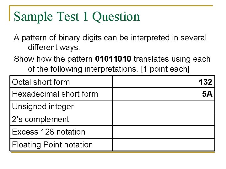 Sample Test 1 Question A pattern of binary digits can be interpreted in several