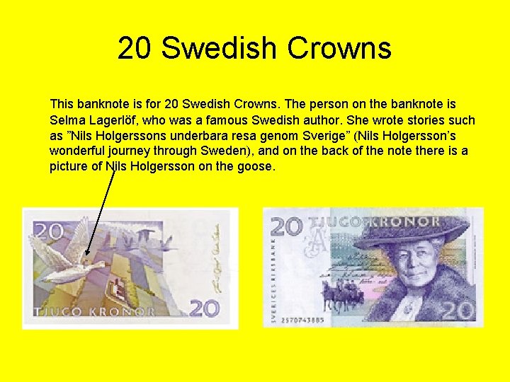 20 Swedish Crowns This banknote is for 20 Swedish Crowns. The person on the