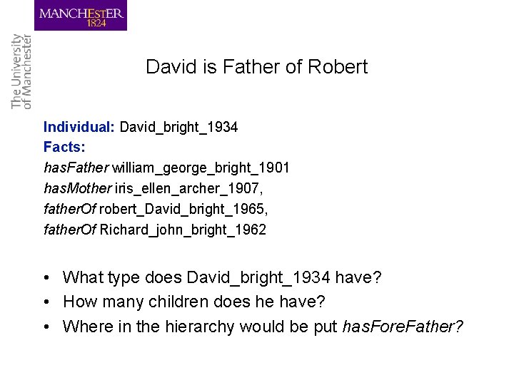 David is Father of Robert Individual: David_bright_1934 Facts: has. Father william_george_bright_1901 has. Mother iris_ellen_archer_1907,