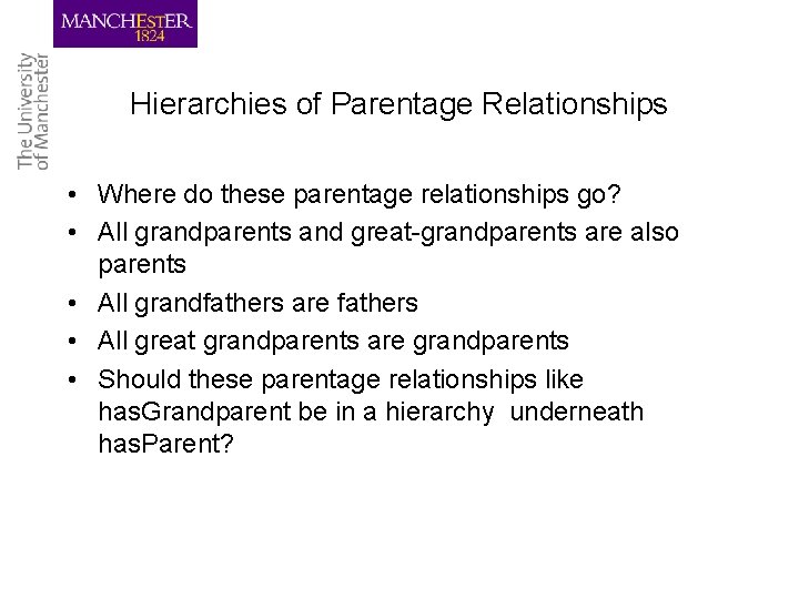 Hierarchies of Parentage Relationships • Where do these parentage relationships go? • All grandparents