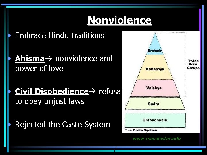 Nonviolence • Embrace Hindu traditions • Ahisma nonviolence and power of love • Civil