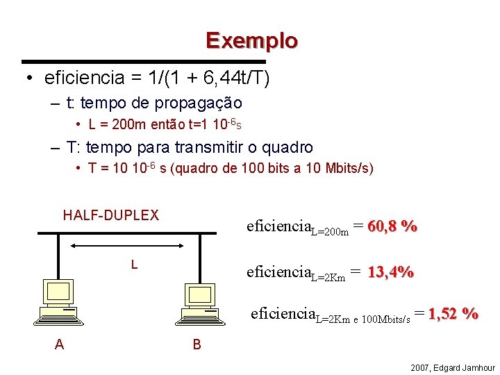 Exemplo • eficiencia = 1/(1 + 6, 44 t/T) – t: tempo de propagação