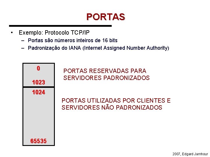 PORTAS • Exemplo: Protocolo TCP/IP – Portas são números inteiros de 16 bits –