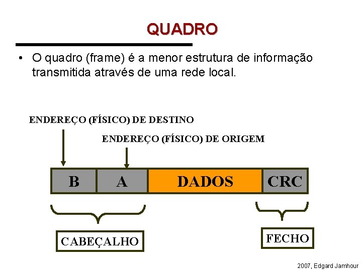 QUADRO • O quadro (frame) é a menor estrutura de informação transmitida através de