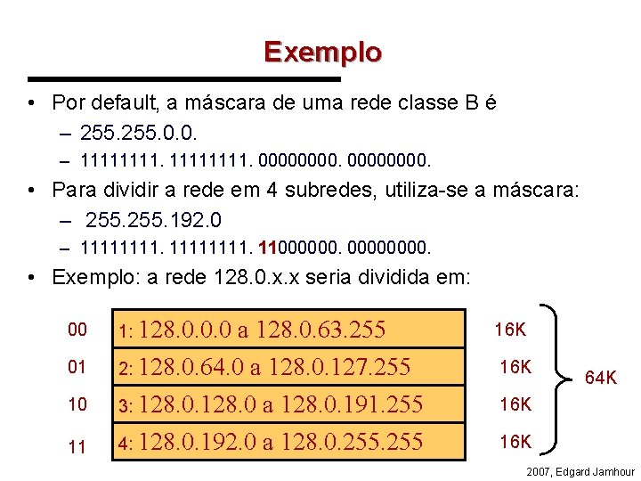 Exemplo • Por default, a máscara de uma rede classe B é – 255.