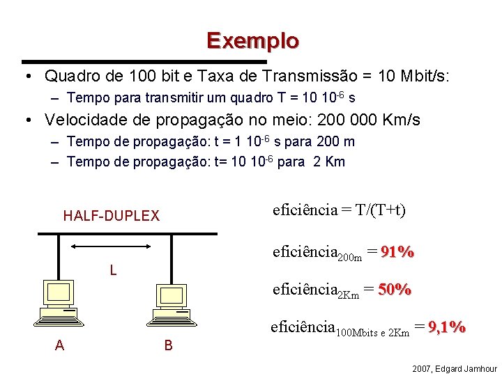 Exemplo • Quadro de 100 bit e Taxa de Transmissão = 10 Mbit/s: –