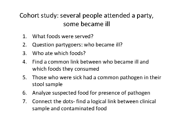 Cohort study: several people attended a party, some became ill 1. 2. 3. 4.