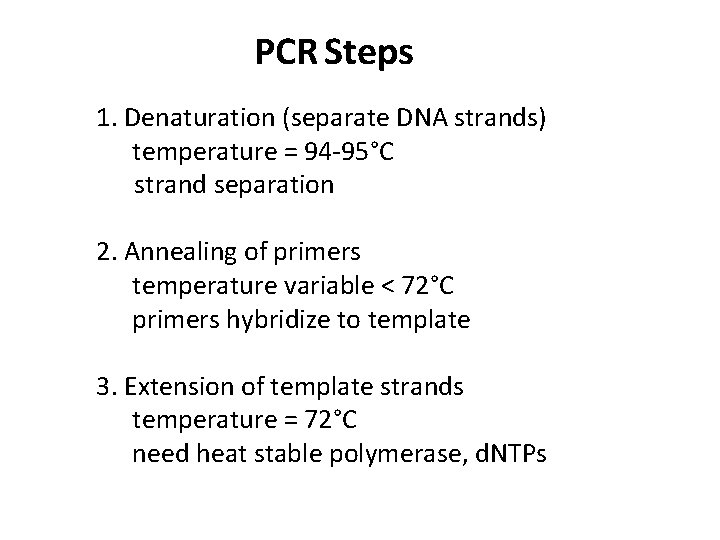 PCR Steps 1. Denaturation (separate DNA strands) temperature = 94 -95°C strand separation 2.