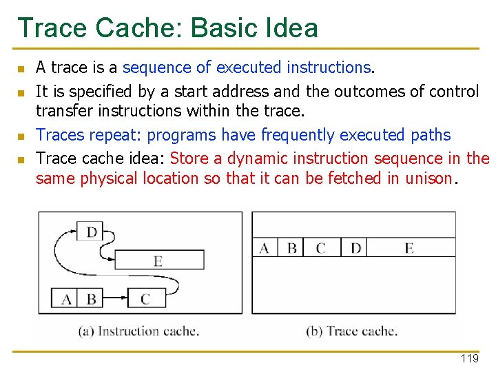 Trace Cache: Basic Idea n n A trace is a sequence of executed instructions.