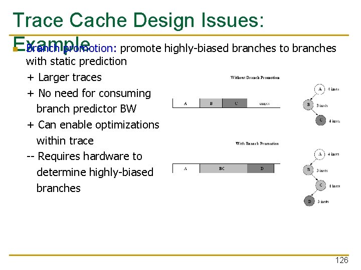 Trace Cache Design Issues: Example Branch promotion: promote highly-biased branches to branches n with Trace Cache Design Issues: Example Branch promotion: promote highly-biased branches to branches n with
