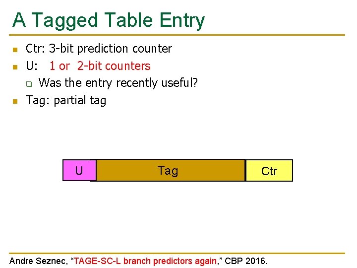 A Tagged Table Entry n n n Ctr: 3 -bit prediction counter U: 1