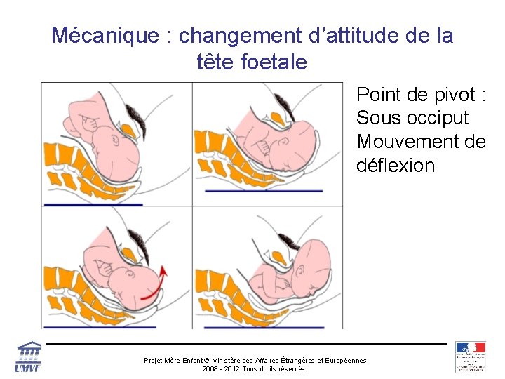 Mécanique : changement d’attitude de la tête foetale Point de pivot : Sous occiput