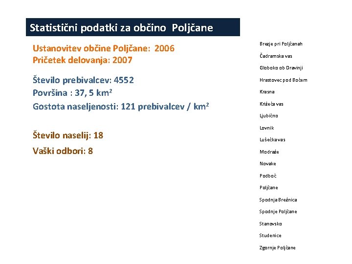 Statistični podatki za občino Poljčane Ustanovitev občine Poljčane: 2006 Pričetek delovanja: 2007 Brezje pri