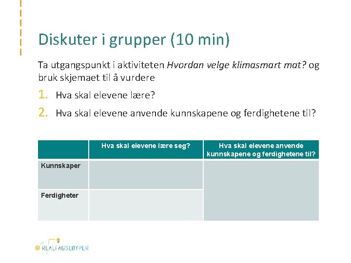 Diskuter i grupper (10 min) Ta utgangspunkt i aktiviteten Hvordan velge klimasmart mat? og