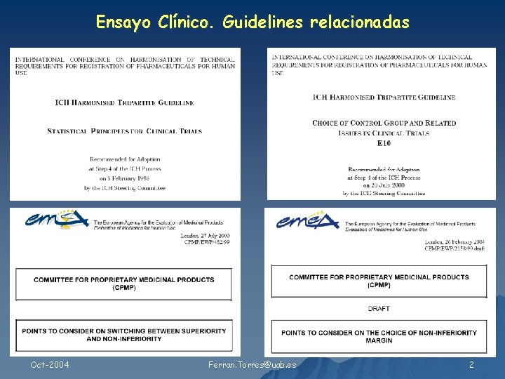 Ensayo Clínico. Guidelines relacionadas Oct-2004 Ferran. Torres@uab. es 2 