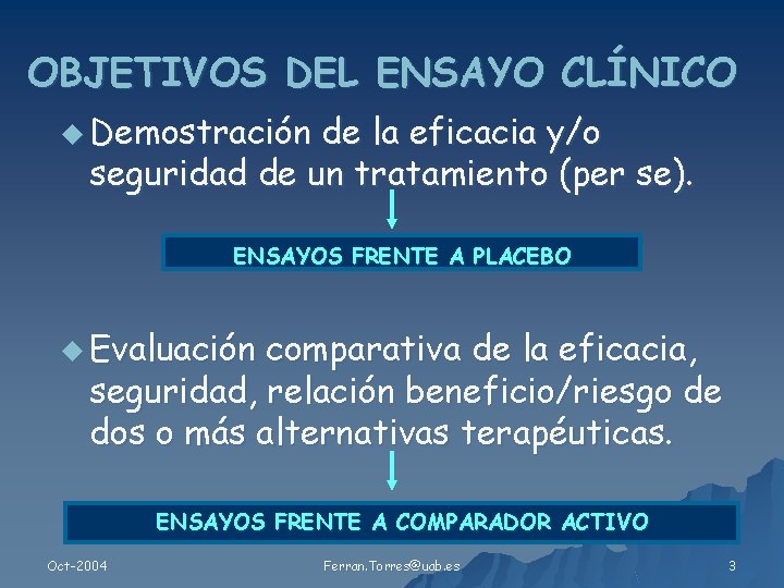 OBJETIVOS DEL ENSAYO CLÍNICO u Demostración de la eficacia y/o seguridad de un tratamiento