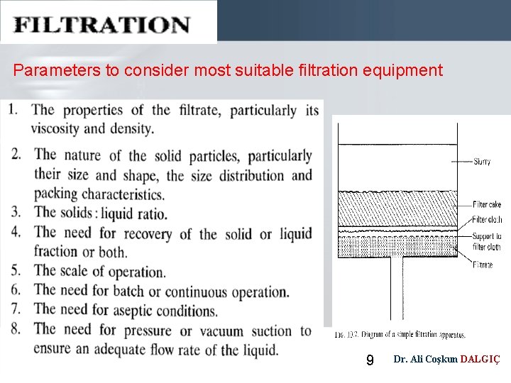 Parameters to consider most suitable filtration equipment Page 9 9 Dr. Ali Coşkun DALGIÇ