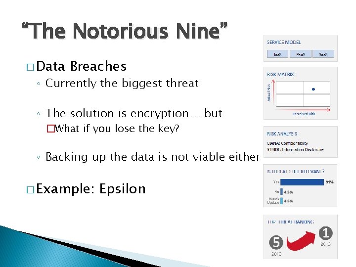 “The Notorious Nine” � Data Breaches ◦ Currently the biggest threat ◦ The solution