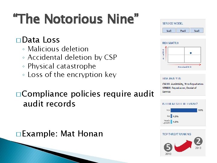 “The Notorious Nine” � Data ◦ ◦ Loss Malicious deletion Accidental deletion by CSP