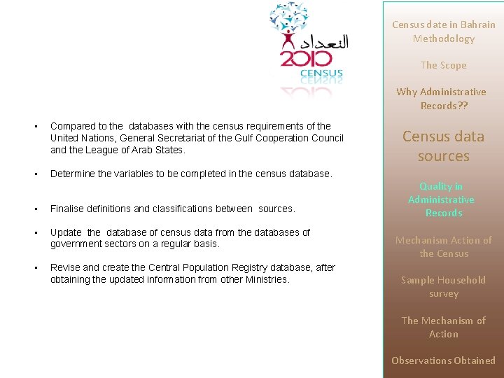 Census date in Bahrain Methodology The Scope Why Administrative Records? ? • Compared to