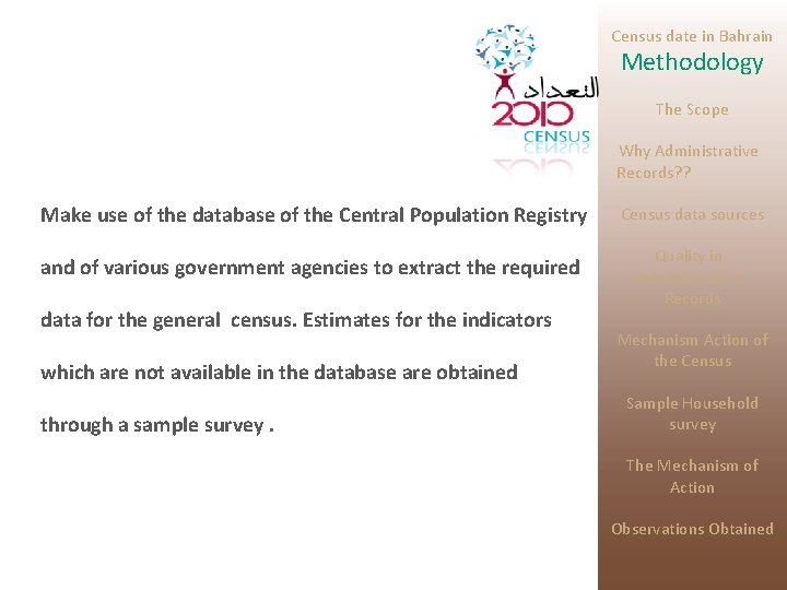 Census date in Bahrain Methodology The Scope Why Administrative Records? ? Make use of