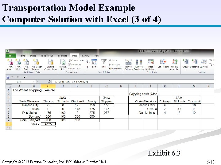 Transportation Model Example Computer Solution with Excel (3 of 4) Exhibit 6. 3 Copyright
