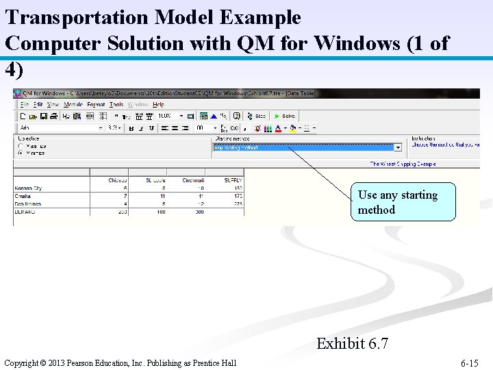 Transportation Model Example Computer Solution with QM for Windows (1 of 4) Use any