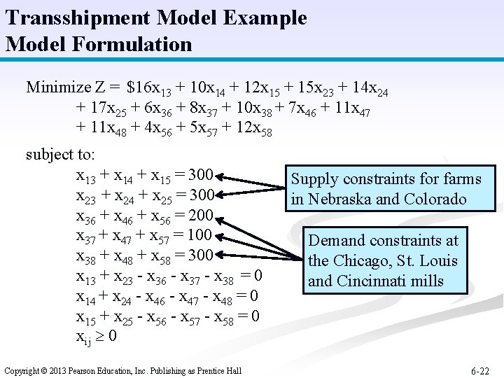 Transshipment Model Example Model Formulation Minimize Z = $16 x 13 + 10 x