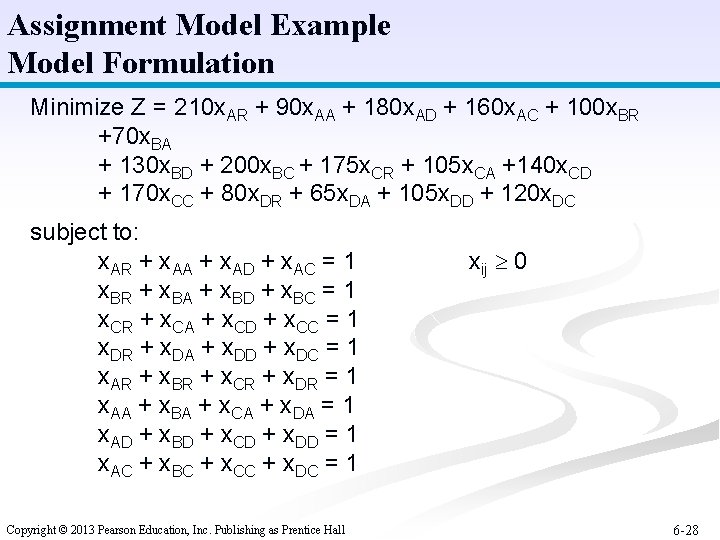 Assignment Model Example Model Formulation Minimize Z = 210 x. AR + 90 x.