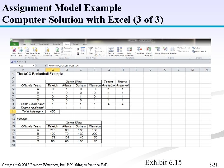 Assignment Model Example Computer Solution with Excel (3 of 3) Copyright © 2013 Pearson