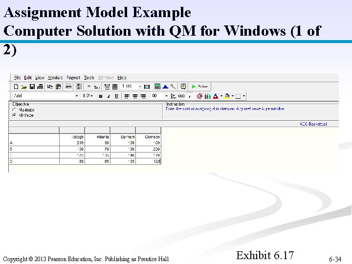 Assignment Model Example Computer Solution with QM for Windows (1 of 2) Copyright ©