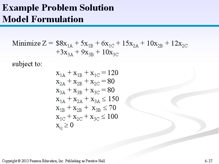 Example Problem Solution Model Formulation Minimize Z = $8 x 1 A + 5