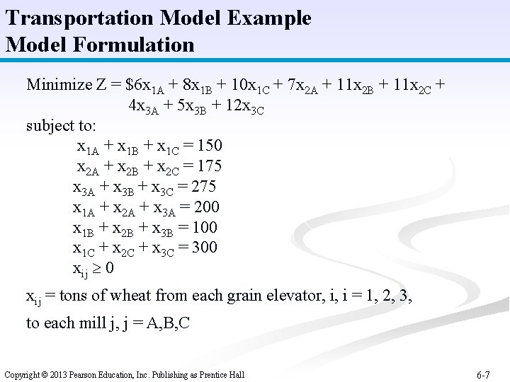 Transportation Model Example Model Formulation Minimize Z = $6 x 1 A + 8