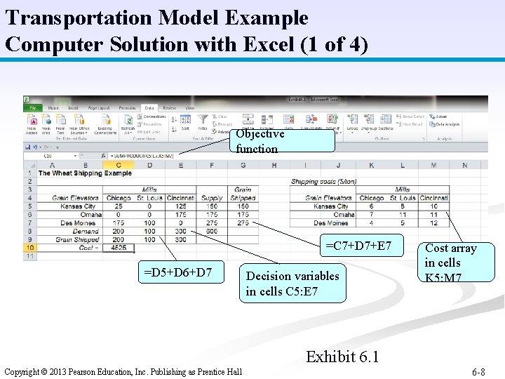 Transportation Model Example Computer Solution with Excel (1 of 4) Objective function =C 7+D