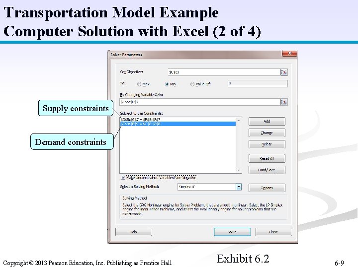 Transportation Model Example Computer Solution with Excel (2 of 4) Supply constraints Demand constraints