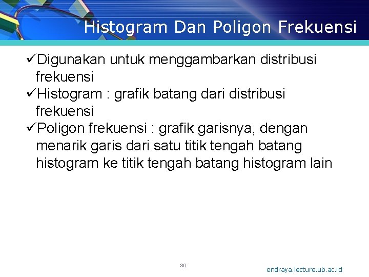 Histogram Dan Poligon Frekuensi üDigunakan untuk menggambarkan distribusi frekuensi üHistogram : grafik batang dari