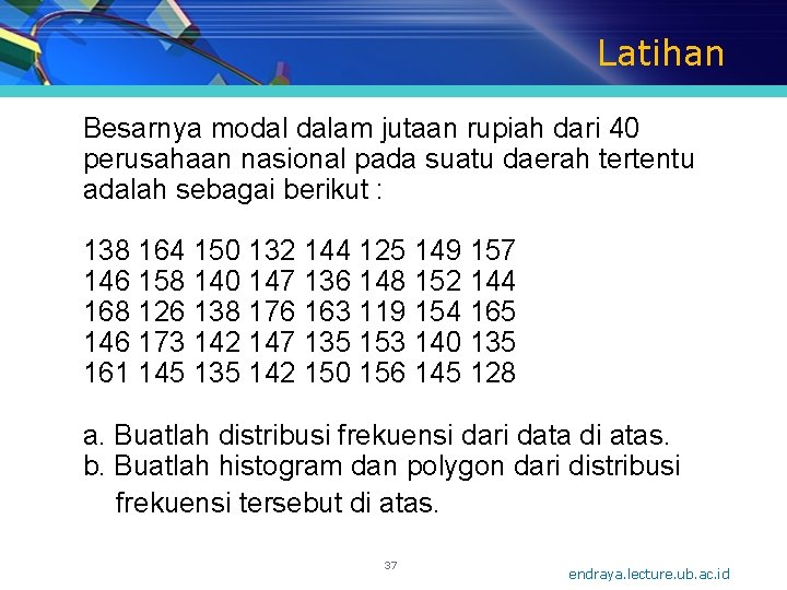 Latihan Besarnya modal dalam jutaan rupiah dari 40 perusahaan nasional pada suatu daerah tertentu